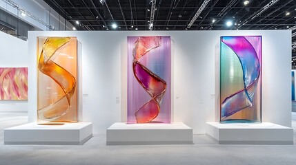 Three iridescent glass sculptures displayed on white pedestals in a modern art gallery.
