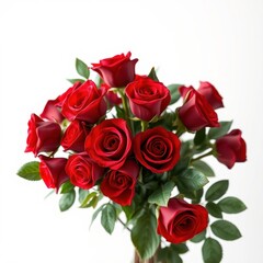 Obraz premium A stunning arrangement of red roses with lush greenery on a white background, garden decor, floral centerpiece, rose bouquets, flower arrangement, botanical illustration.