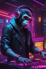 monkey dj playing at a bar with neon lights