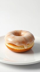 Close-up of a single glazed donut on a white plate , single glazed donut, visually appealing, food photography