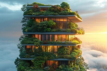 Obraz premium visionary cityscape promoting environmental awareness with vertical forests adorning skyscrapers, blending nature with urban life in a stunning display of sustainable architecture