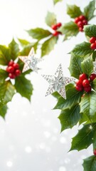 Confetti stars shining on a snowy white background with festive holly leaves, holly leaves, snowflake decorations