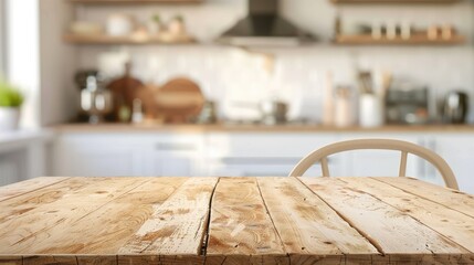 Bleached wooden table in blurred kitchen setting