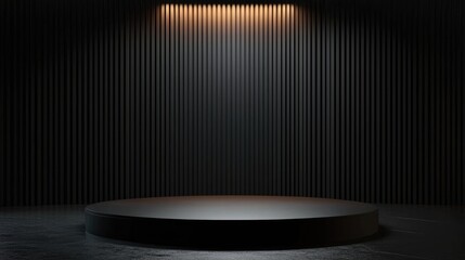 Black Circular Platform with Warm Light Against a Black Vertical Striped Wall