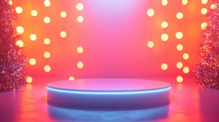 White Circular Platform with Neon Lights in Festive Setting
