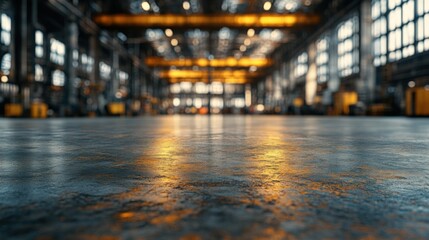 Fototapeta premium A close-up view of a polished industrial floor with soft lighting in a factory.