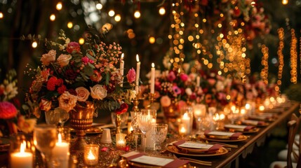 Wedding table adorned with golden accents, flowers, candles, and lights for outdoor celebration.