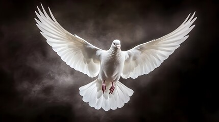 White Dove in Flight on Dark Background.