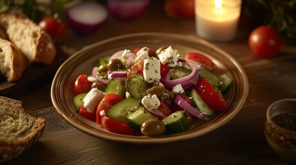 A refreshing plate of Greek salad with tomatoes, cucumbers, red onions