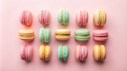 Obraz premium Pastel-colored macarons arranged in a neat grid on a pink background, a delightful treat for the eyes