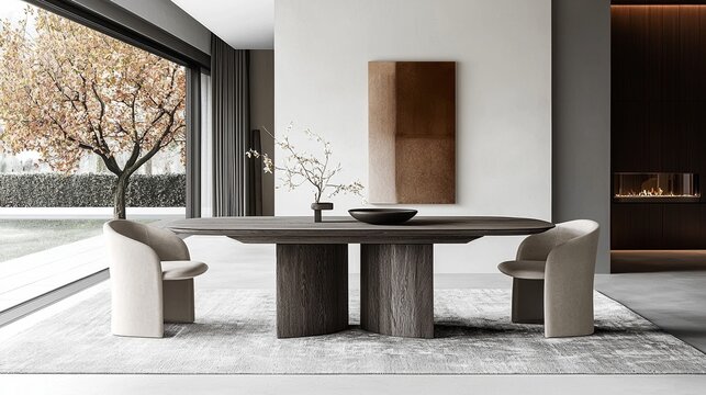 A modern luxurious rectangular dining table with grey oak veneer, featuring Minotti style. The product is displayed in a fully white studio environment, highlighting simple design and elegant details.
