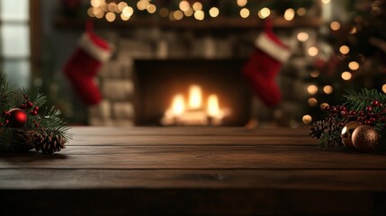 Cozy Christmas scene with fireplace, stockings, and festive decorations for holiday warmth.