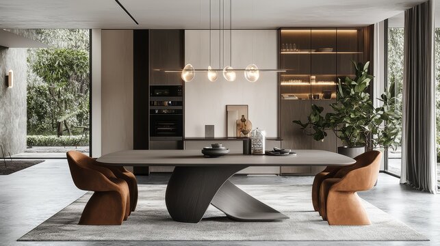 A modern luxurious rectangular dining table with grey oak veneer, featuring Minotti style. The product is displayed in a fully white studio environment, highlighting simple design and elegant details.