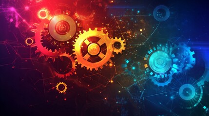Explore business automation: vibrant gears, digital icons, and colors symbolize innovation and efficiency.