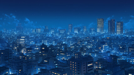 Obraz premium ノスタルジーを感じる都会の夜景イラスト,アーバン,ビジネス,ビル,日本,アニメ,