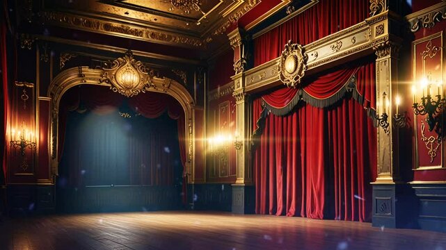 Theatre day : A classic, grand theater interior with red velvet curtains, gold accents, and beautiful chandeliers., smooth looping video with 4K animation 