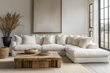 Fototapeta premium Luxurious Living Spaces: Contemporary White Sectionals in Natural Light Settings