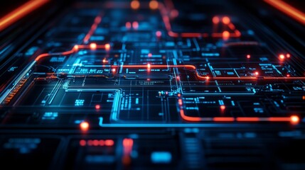 Future style subway map with glowing deep blue and red light, black background, and super realistic 3D rendering effect. Display high-definition resolution, deep tones, and high dynamic range details.