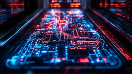 Future style subway map with glowing deep blue and red light, black background, and super realistic 3D rendering effect. Display high-definition resolution, deep tones, and high dynamic range details.