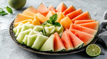 A refreshing platter of sliced watermelon, cantaloupe, and honeydew melon served with a spritz of lime juice