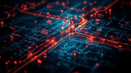 Obraz premium Future style subway map with glowing deep blue and red light, black background, and super realistic 3D rendering effect. Display high-definition resolution, deep tones, and high dynamic range details.