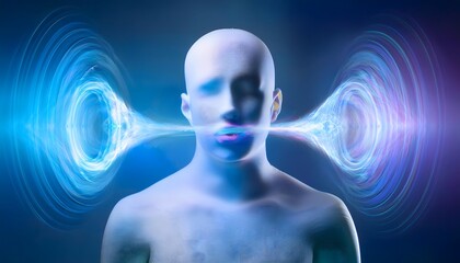 Futuristic speaker emitting holographic soundwaves, 3D illustration. voice, speech, clarity.