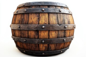 Fototapeta premium wooden barrel icon isolated on a pristine white background, showcasing the natural grain and texture of the wood, emphasizing simplicity and rustic charm