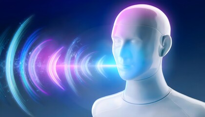 Obraz premium Futuristic speaker emitting holographic soundwaves, 3D illustration. voice, speech, clarity.