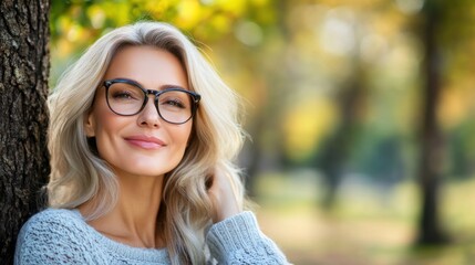 Obraz premium Beautiful woman with long blonde hair and glasses smiling in a natural outdoor setting surrounded by colorful autumn foliage and soft sunlight