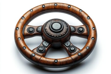 Fototapeta premium wooden steering wheel cut out, isolated on a pristine white background, showcasing craftsmanship and the essence of transport and driving