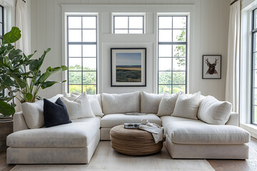 Fototapeta premium Luxurious Living Spaces: Contemporary White Sectionals in Natural Light Settings