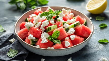 A refreshing summer salad composed of watermelon cubes, feta cheese, and mint leaves