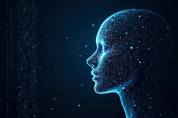 Futuristic Neural Design: Human Face with Digital AI Circuitry in a Glowing Blue Outline