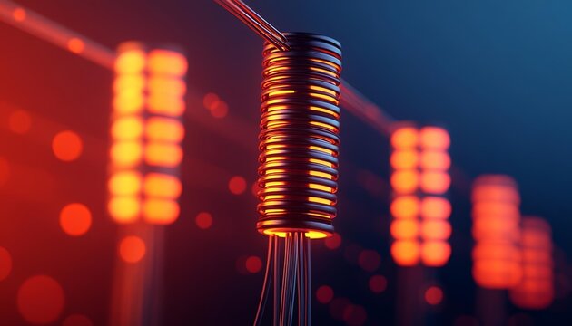 Electricity grid optimization enhances energy efficiency. Abstract close-up of a metallic coil glowing with orange light against a dark background.