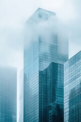 Obraz premium Modern high-rise buildings shrouded in morning fog, minimalist urban architecture with soft atmospheric tones, AI-generated