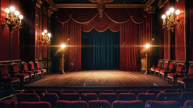 Theatre day : A classic, grand theater interior with red velvet curtains, gold accents, and beautiful chandeliers., smooth looping video with 4K animation 