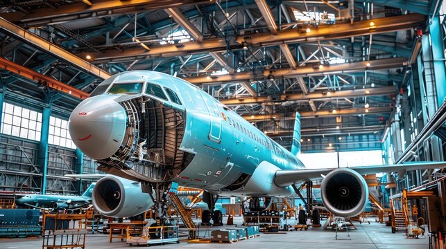 Commercial Airplane Undergoing Maintenance in a Modern Hangar