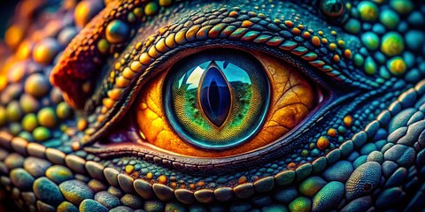 Obraz premium Captivating Close-Up of a Dragon's Eye Captured from Above, Showcasing Intricate Scales, Vibrant Colors, and a Mystical Aura in a Dramatic Drone Photography Perspective