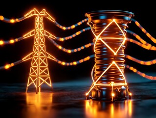 Electricity grid optimization enhances energy efficiency. Electric tower and coil illuminated with glowing lines against a dark background.