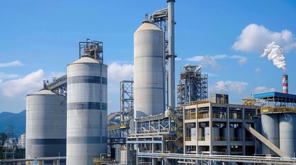 Obraz premium Industrial Plant with Smokestacks and Storage Silos under Blue Sky