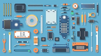 Flat Lay of Electronic Components on Blue Background