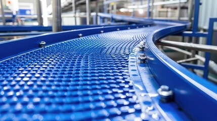 Naklejka premium Curved Blue Industrial Conveyor Belt in Modern Facility