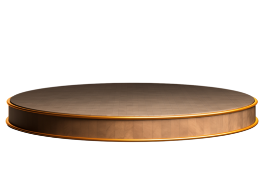 3D round stage platform with wooden surface and golden trim, ideal for presentations or performances, transparent background, PNG cutout