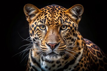 Naklejka premium Captivating Close-Up of a Leopard Against a Black Background, Showcasing the Intricacies of Its Fur and Expression in a Stunning Night Photography Composition