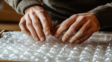 Fototapeta premium Safe Packaging: Hands Protecting Fragile Order with Bubble Wrap