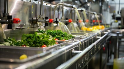 Naklejka premium Industrial Vegetable Washing Production Line in Modern Factory