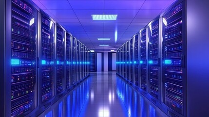 Technicians calibrating cloud servers in a data center with glowing blue lights