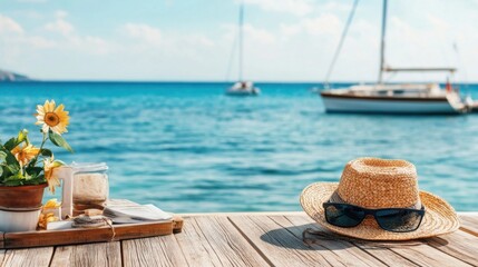 Obraz premium Relaxing Summer Scene with Straw Hat, Sunflowers, and a Beautiful Coastal View of Sailboats