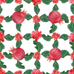 Pomegranate flowers, leaves and fruits watercolor seamless check pattern isolated on white. The hand-painted vibrant artwork perfect for botanical prints, wrapping paper, textile decor. Summer clip