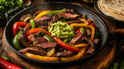 A sizzling skillet of fajitas filled with strips of tender steak, bell peppers, and onions